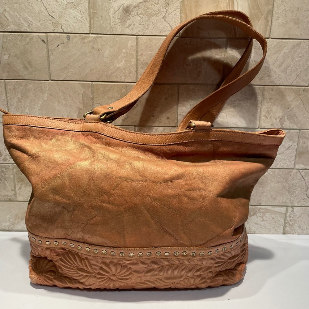 Anabaglish Leather Tote Bag Metallic Tan Floral Embossed Studded Boho Shoulder